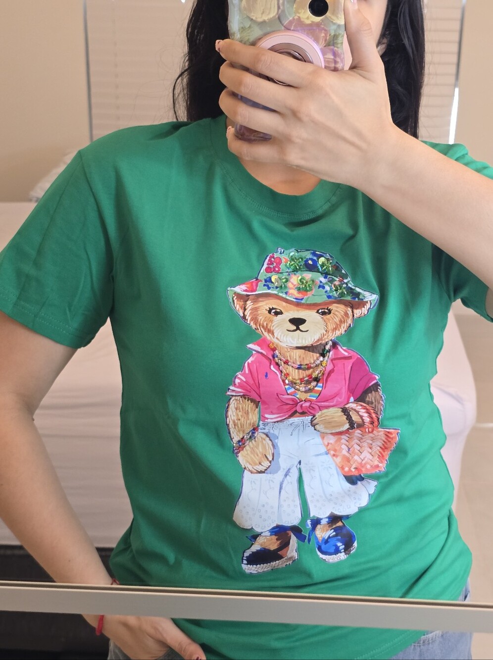 Green Graphic Tee with Teddy Motif - Women